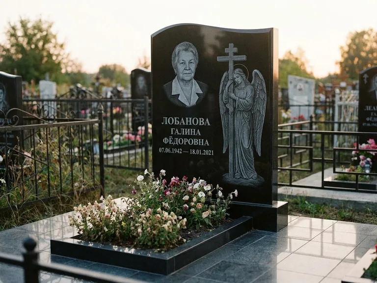Памятник с гравировкой ангела — гравировка ангела с крестом рядом с эпитафией, работа «Лобанова» в Перми