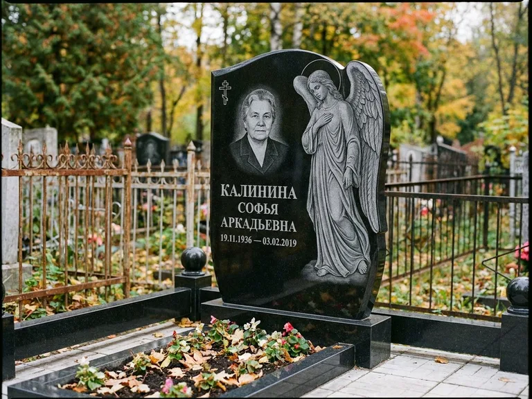 Памятник с гравировкой ангела — гравировка ангела с крестом рядом с эпитафией, работа «Игнатова» в Перми