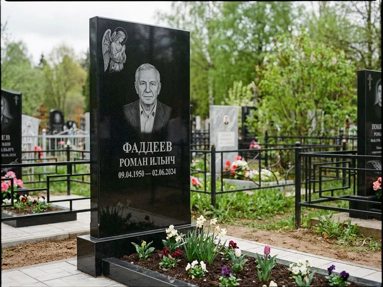 Памятник с гравировкой ангела — гравировка молящегося ангела в верхней части стелы, работа «Фаддеев» в Перми