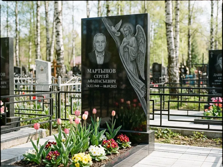 Памятник с гравировкой ангела — гравировка двух ангелов по сторонам портрета, работа «Касаткин» в Перми