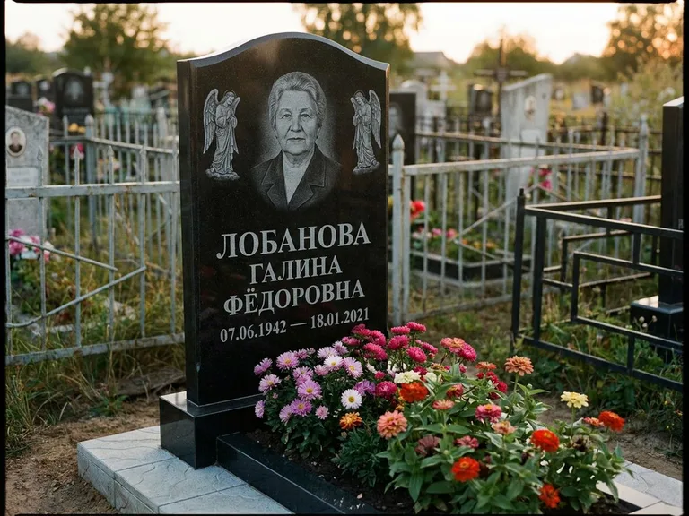 Памятник с гравировкой ангела — гравировка двух ангелов по сторонам портрета, работа «Лобанова» в Перми