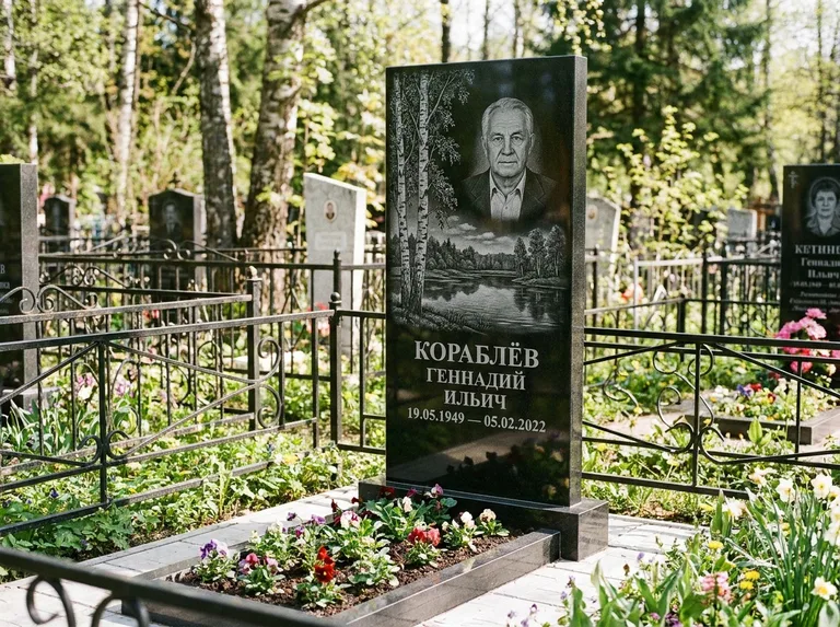 Памятник с гравировкой берёзы — гравировка берёзы у зеркального озера, работа «Кораблёв» в Перми