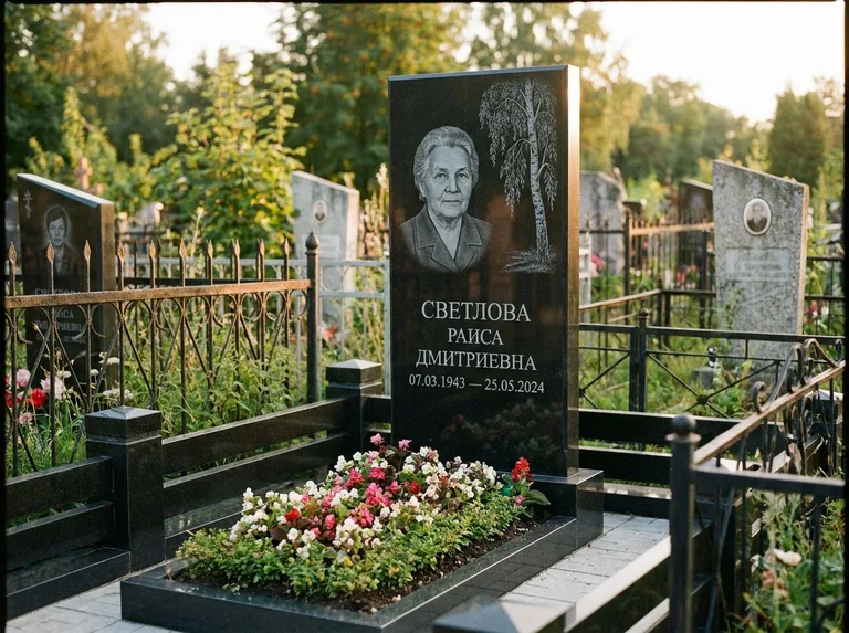 Памятник с гравировкой берёзы — гравировка плакучей берёзы с тонкими ветвями, работа «Светлова» в Перми
