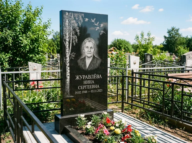 Памятник с гравировкой берёзы — гравировка берёзы с журавлиным клином в небе, работа «Журавлёва» в Перми