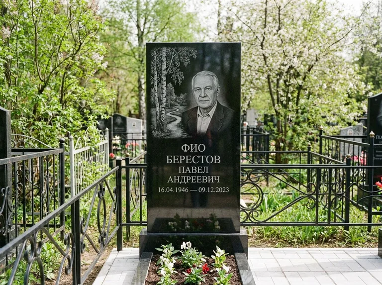 Памятник с гравировкой берёзы — гравировка берёзы у тропинки, уходящей вдаль, работа «Берестов» в Перми