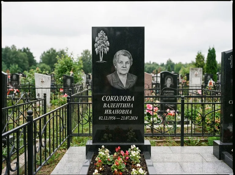 Памятник с гравировкой берёзы — гравировка одинокой берёзы над именем, работа «Соколова» в Перми