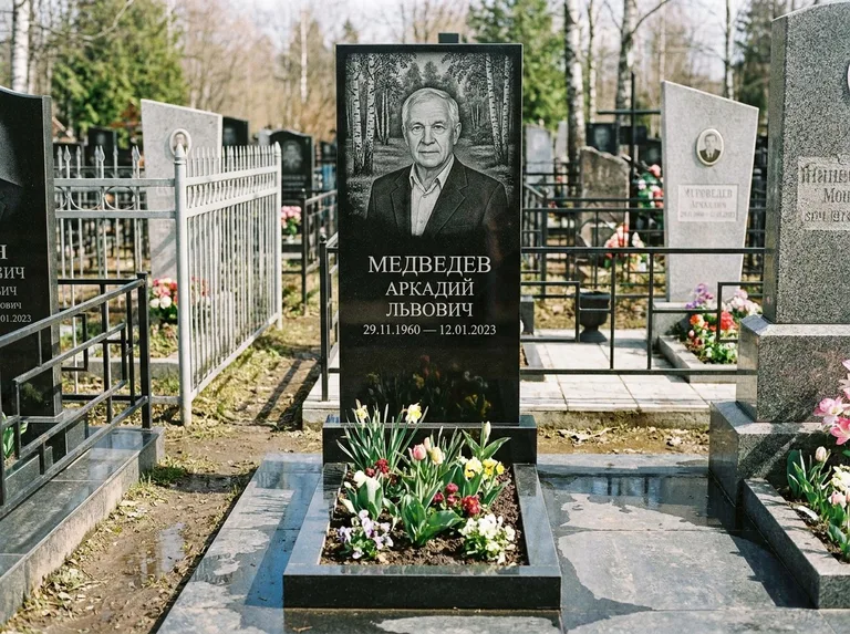 Памятник с гравировкой берёзы — гравировка берёзовой рощи в глубину, работа «Медведев» в Перми
