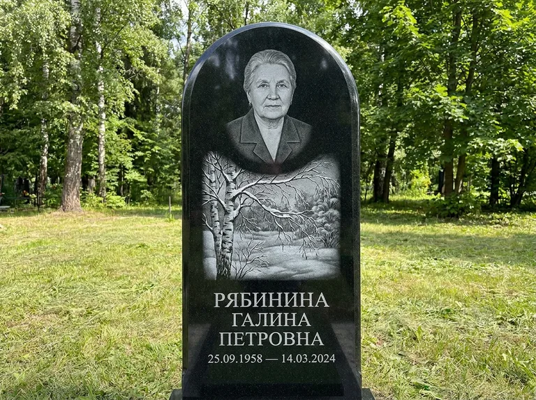 Памятник с гравировкой берёзы: стела с плавным арочным верхом — зимняя берёза, снег на ветвях, газон без ограды, стриженая трава, работа «Рябинина» в Перми