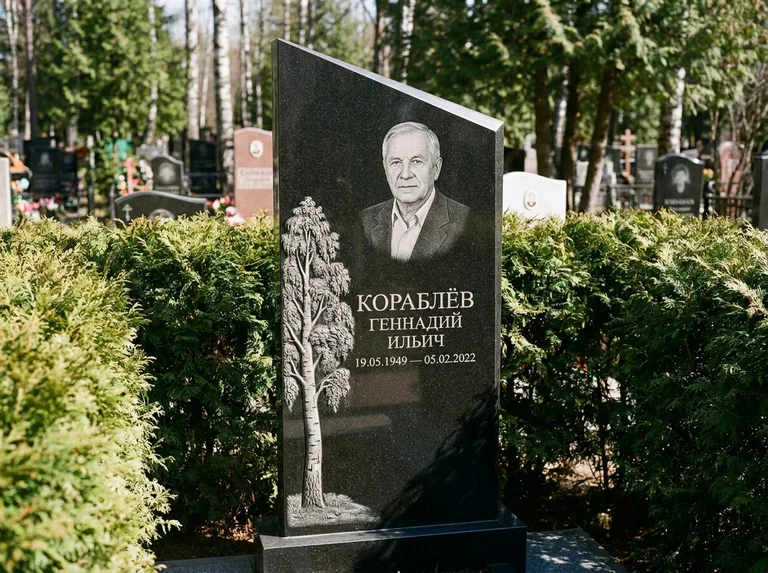 Памятник с гравировкой берёзы: асимметричная скошенная стела — объёмная одинокая берёза с фактурной корой, живая изгородь из туи, работа «Кораблёв» в Перми