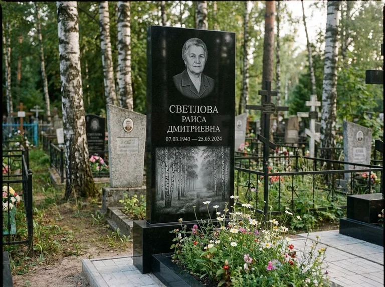 Памятник с гравировкой берёзы: двойная семейная стела — берёзовая роща в лёгкой дымке, цветник с полевыми цветами, работа «Светлова» в Перми