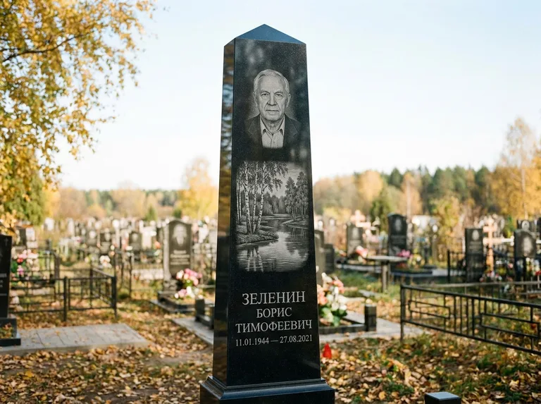 Памятник с гравировкой берёзы: гранёный обелиск-колонна — берёза у воды с отражением, открытый участок, мягкий свет, работа «Зеленин» в Перми