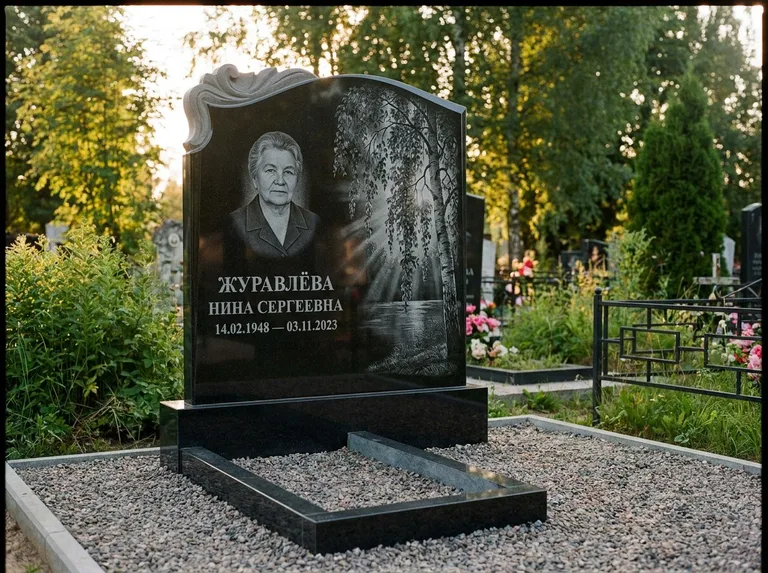 Памятник с гравировкой берёзы: стела с фигурным резным верхом — плакучая берёза в контровом свете, гравийная отсыпка, рассвет, работа «Журавлёва» в Перми