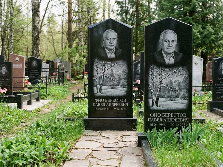 Памятник с гравировкой берёзы: массивная стела с двускатным навершием — зимняя берёза, снег на ветвях, дорожка из природного плитняка, работа «Берестов» в Перми