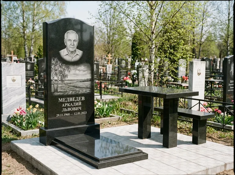 Памятник с гравировкой берёзы: стела с гранитным столиком и скамьёй — берёза у поля, простор до горизонта, семейный участок с плиткой, работа «Медведев» в Перми