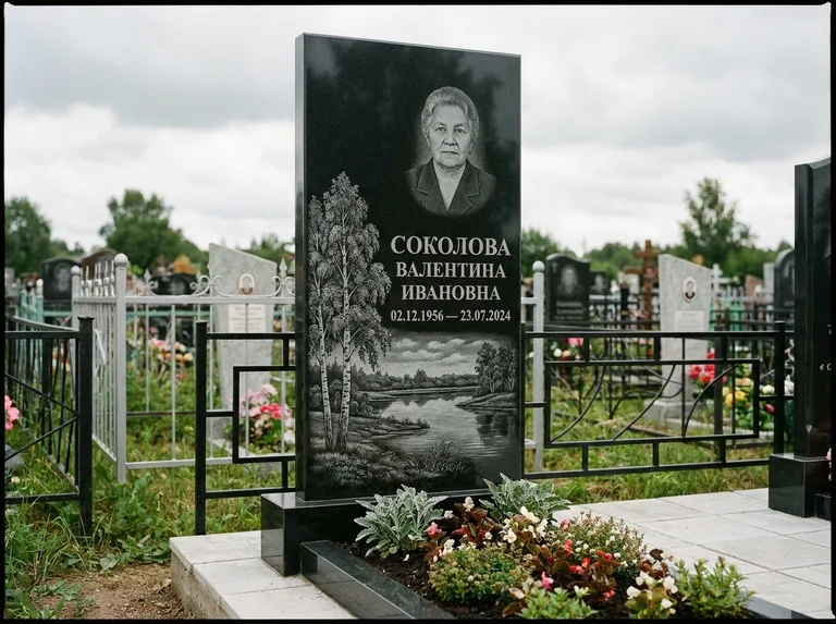 Памятник с гравировкой берёзы — гравировка берёзы у зеркального озера, работа «Соколова» в Перми