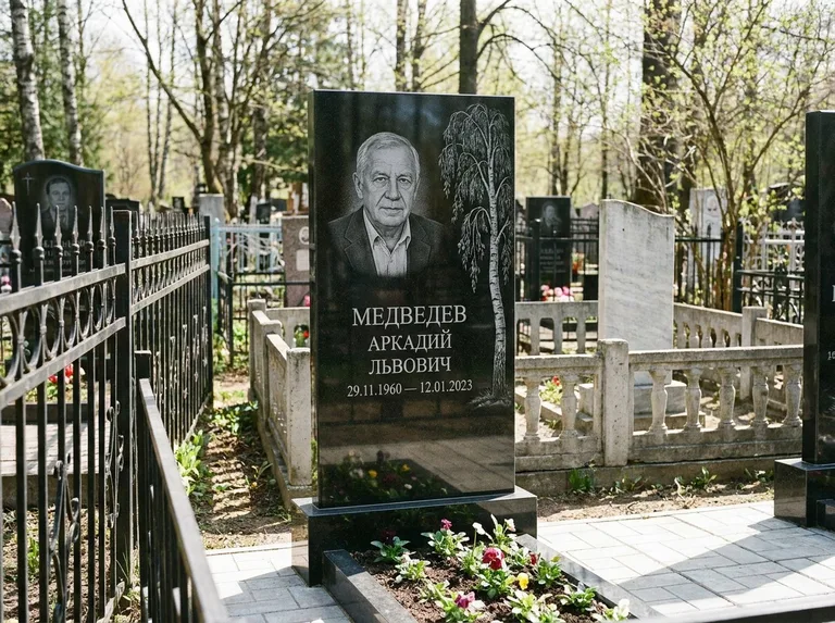 Памятник с гравировкой берёзы — гравировка плакучей берёзы с тонкими ветвями, работа «Медведев» в Перми