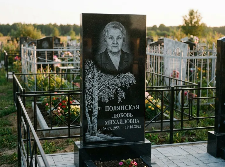 Памятник с гравировкой берёзы — гравировка зимней берёзы в инее, работа «Полянская» в Перми