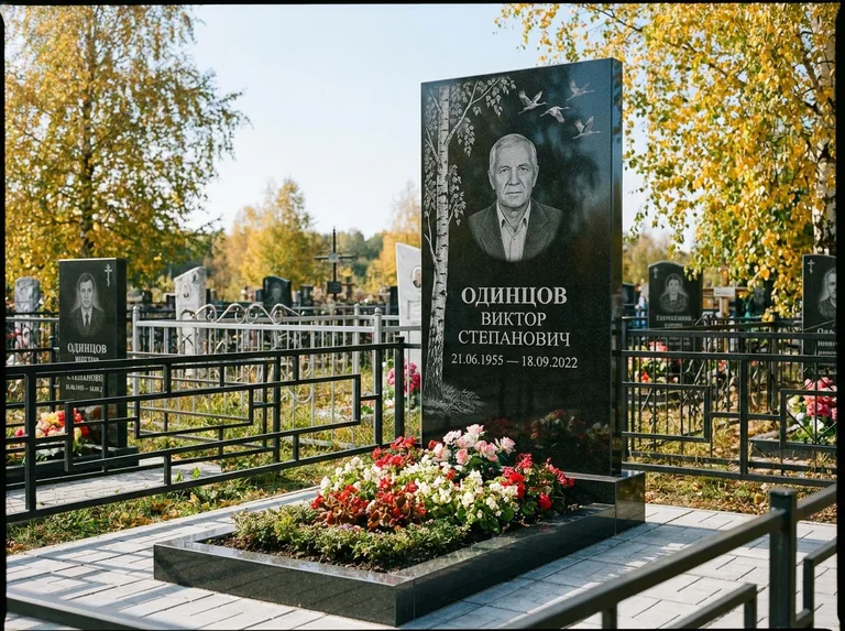 Памятник с гравировкой берёзы — гравировка берёзы с журавлиным клином в небе, работа «Одинцов» в Перми