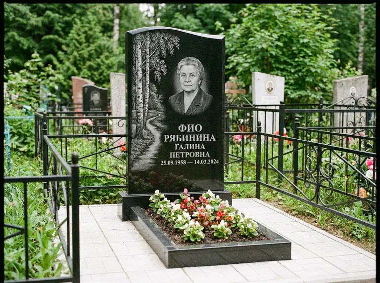 Памятник с гравировкой берёзы — гравировка берёзы у тропинки, уходящей вдаль, работа «Рябинина» в Перми