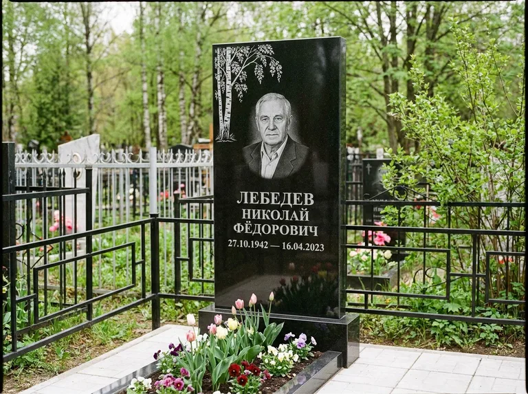 Памятник с гравировкой берёзы — гравировка одинокой берёзы над именем, работа «Лебедев» в Перми