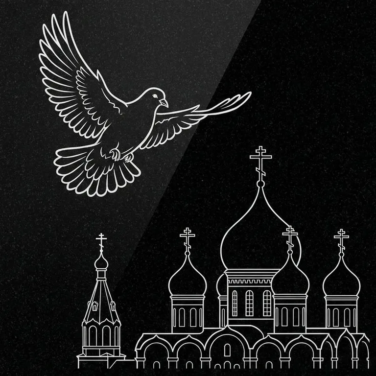 Эскиз гравировки голубей на памятник — голубь в небе над храмом в Перми