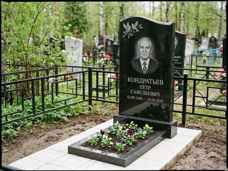 Памятник с гравировкой голубей — гравировка пары голубей на ветке в верхнем углу стелы, работа «Кондратьев» в Перми