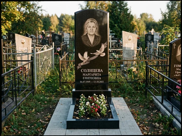 Памятник с гравировкой голубей — гравировка двух летящих голубей с лентой по диагонали стелы, работа «Солнцева» в Перми