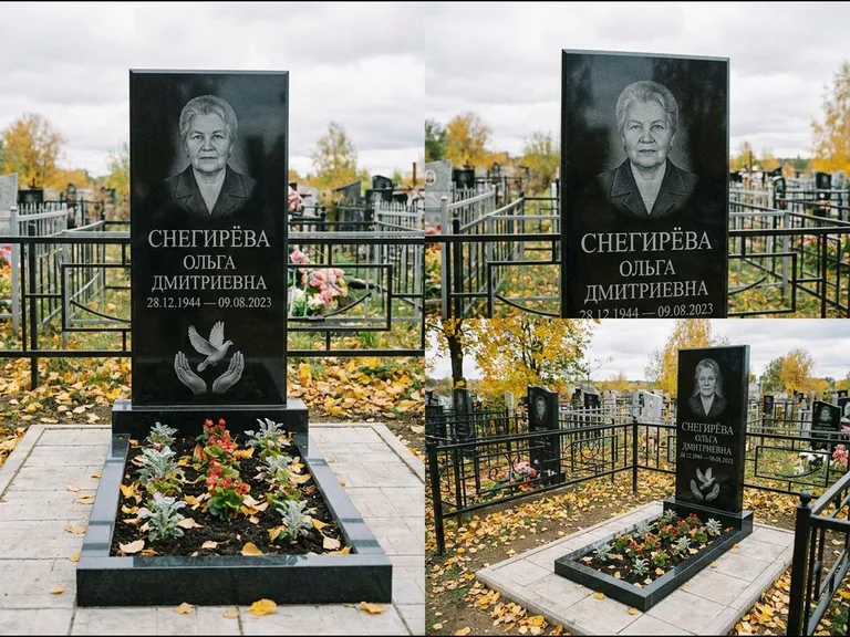 Памятник с гравировкой голубей — гравировка голубя над раскрытыми ладонями внизу стелы, работа «Снегирёва» в Перми