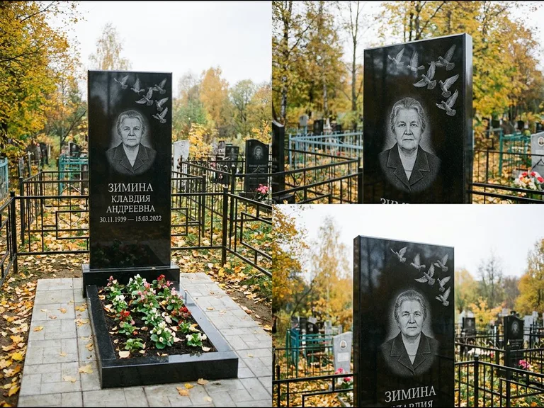Памятник с гравировкой голубей — гравировка стаи голубей, взлетающей от угла стелы, работа «Зимина» в Перми
