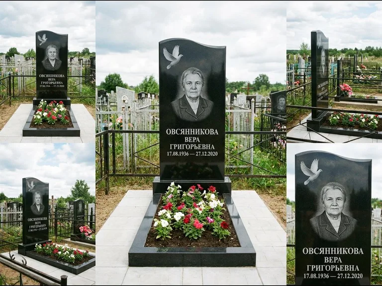 Памятник с гравировкой голубей — белая гравировка взлетающего голубя над портретом, работа «Овсянникова» в Перми