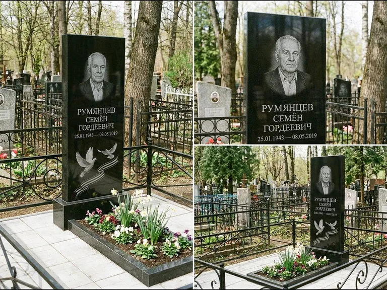 Памятник с гравировкой голубей — гравировка двух летящих голубей с лентой по диагонали стелы, работа «Румянцев» в Перми