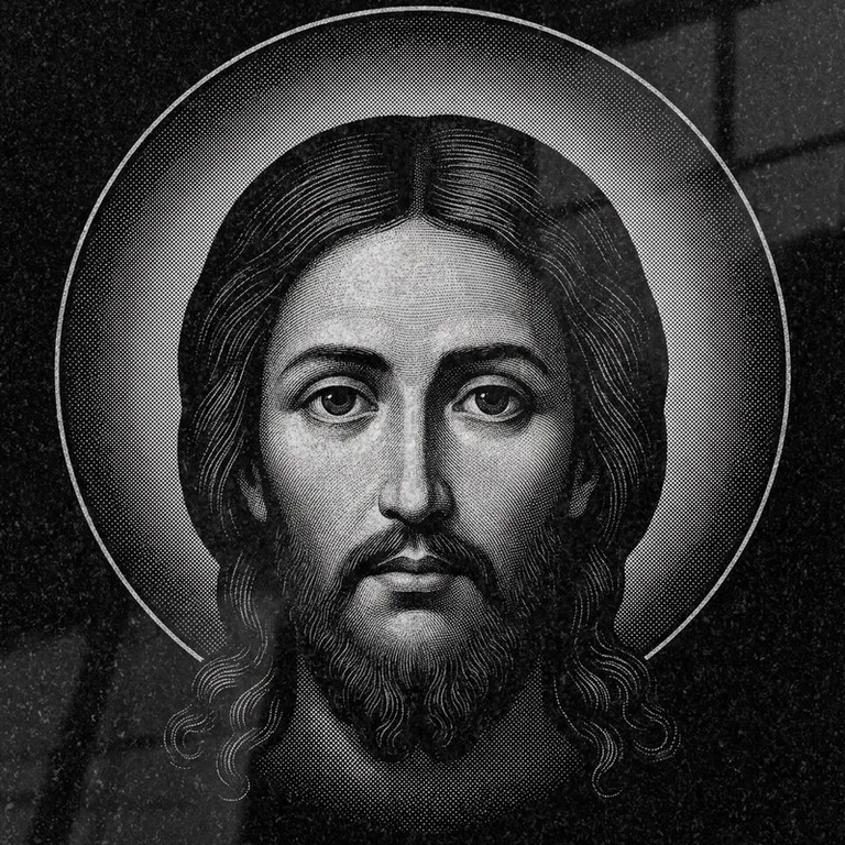 Эскиз иконы: Спас Нерукотворный (полутон) — детальный лик на убрусе, гравировка на памятник в Перми
