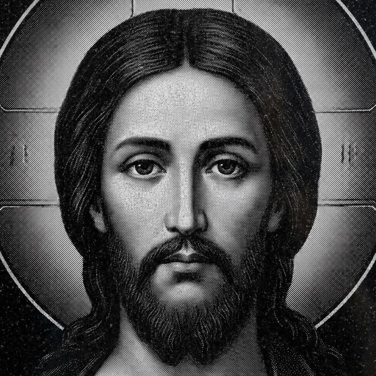 Эскиз иконы: Спас Вседержитель (полутон) — объёмный лик, светотень, гравировка на памятник в Перми