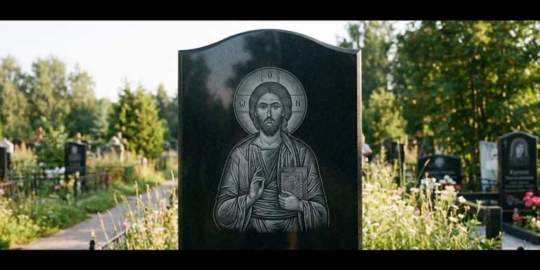Иконы для гравировки на памятник в Перми — образ на стеле из чёрного гранита с ручной доводкой лика