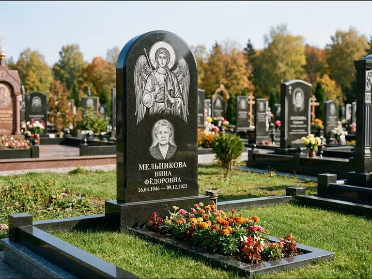 Памятник с гравировкой иконы — икона над портретом усопшего, работа «Журавлёв» в Перми