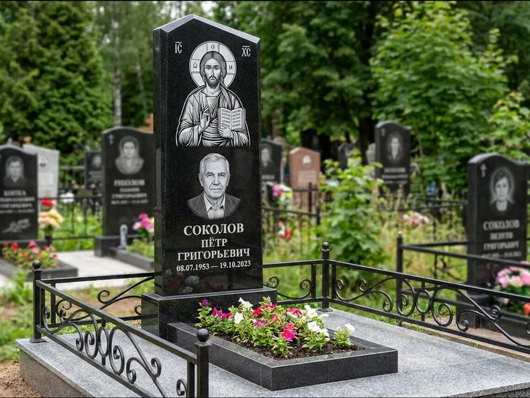 Памятник с гравировкой иконы — образ Николая Чудотворца, работа «Мельникова» в Перми