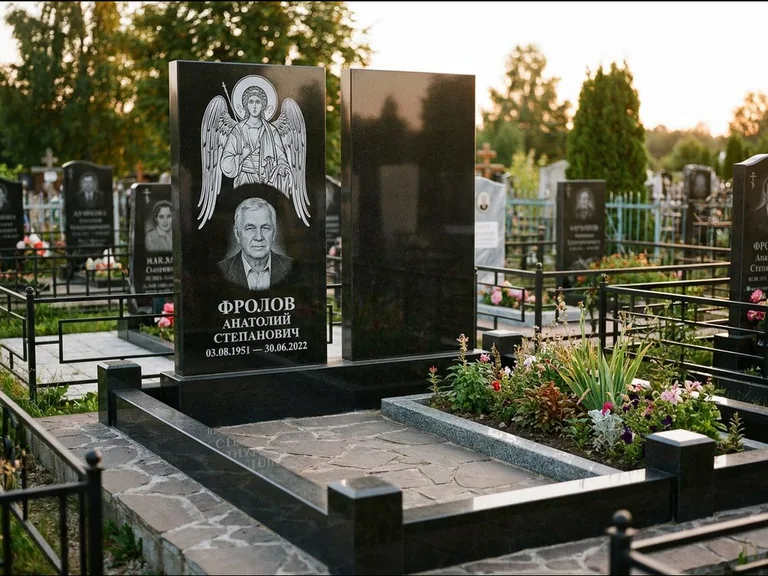 Памятник с гравировкой иконы: стела с резной рамкой вокруг иконы — Архангел Михаил на стеле, белая мраморная крошка с бордюром, работа «Богданова» в Перми