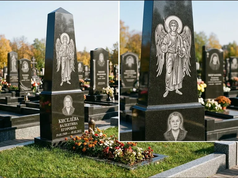 Памятник с гравировкой иконы: асимметричная скошенная стела — гравировка образа Спасителя, живая изгородь из кустарника, работа «Третьяков» в Перми