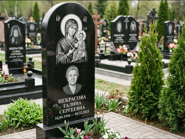 Памятник с гравировкой иконы: фигурная стела с киот-нишей под икону — икона в резной рамке-киоте, светлая гравийная отсыпка, работа «Журавлёв» в Перми