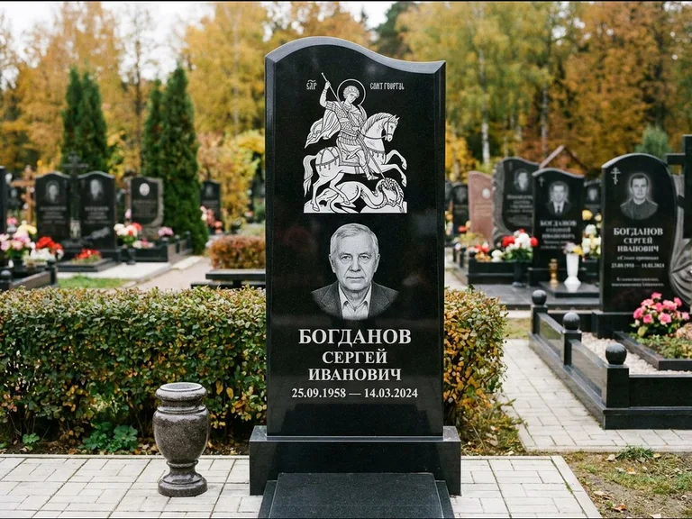 Памятник с гравировкой иконы: монументальный семейный мемориал из двух стел на общем цоколе — гравировка Николая Чудотворца, мощёная гранитная площадка без ограды, работа «Раевская» в Перми