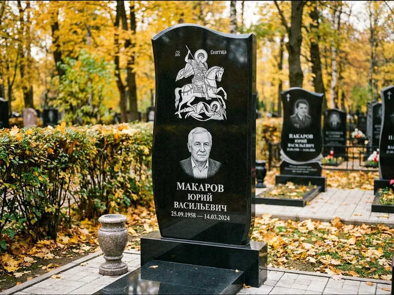 Памятник с гравировкой иконы — икона над портретом усопшего, работа «Раевская» в Перми