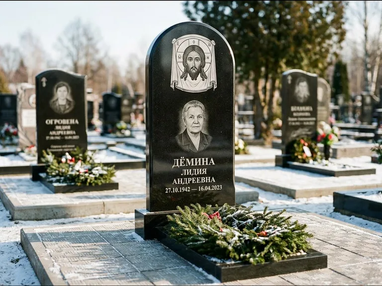 Памятник с гравировкой иконы — икона Спаса Вседержителя над именем усопшего, работа «Ковалёв» в Перми