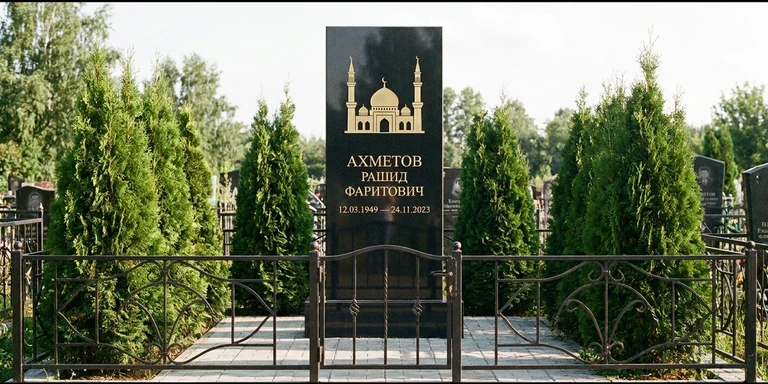 Гравировка мечети на памятник в Перми — стела из чёрного гранита, оформление по канонам ислама