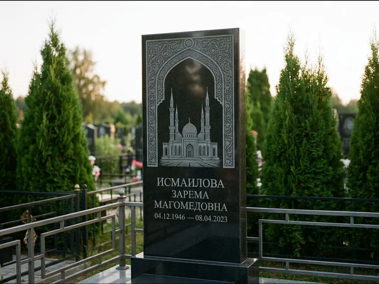 Мусульманский памятник с гравировкой мечети — мечеть в восточной арке с орнаментом, работа «Исмаилова» в Перми