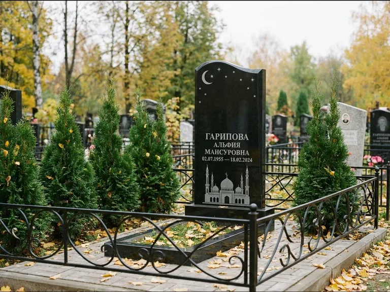 Мусульманский памятник с гравировкой мечети — мечеть с луной в ночном небе, работа «Гарипова» в Перми