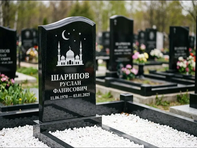 Мусульманский памятник с гравировкой мечети: стела с волнообразным скошенным верхом — гравировка мечети под полумесяцем и звёздами, белая мраморная крошка с бордюром, работа «Шарипов» в Перми