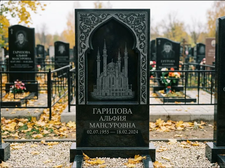 Мусульманский памятник с гравировкой мечети: фигурная стела с михраб-нишей — гравировка мечети в михраб-арке с орнаментом, светлая гравийная отсыпка, работа «Гарипова» в Перми