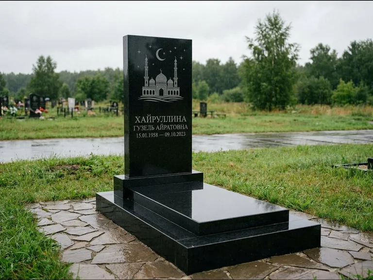Мусульманский памятник с гравировкой мечети: ступенчатая двухуровневая стела — гравировка мечети под полумесяцем и звёздами, каменная дорожка из плитняка, работа «Хайруллина» в Перми