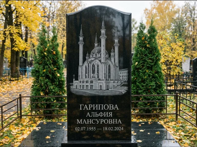 Мусульманский памятник с гравировкой мечети — мечеть Кул-Шариф на обороте стелы, работа «Гарипова» в Перми