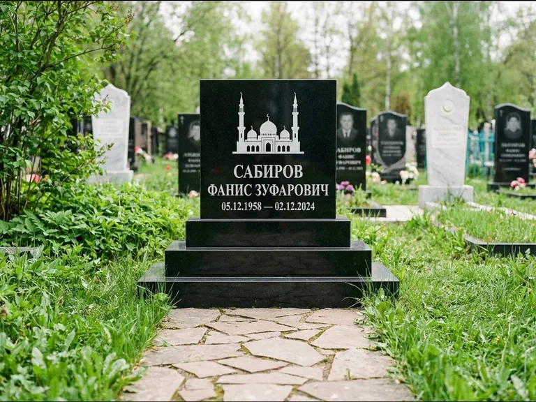 Мусульманский памятник с гравировкой мечети: ступенчатая трёхуровневая стела — золочёная гравировка мечети, дорожка из природного плитняка, работа «Юсупов» в Перми